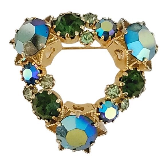 Signed Austria Gold Tone Blue Green Rhinestone Heart Brooch M469 - Picture 2 of 9